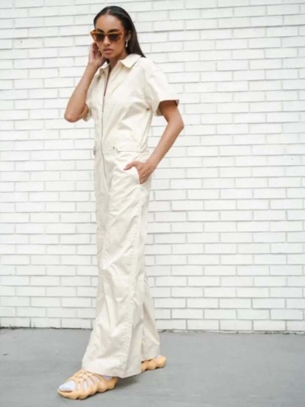 Zara Cream Ivory Wide Leg Jumpsuit Rolled Short Sleeves Pockets Front Zip S